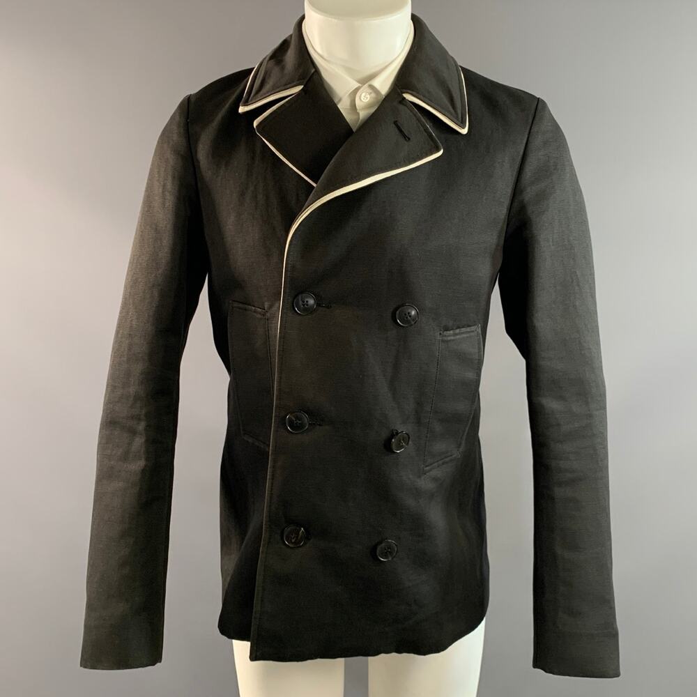 GUCCI Chest Size 38 Black Cream Waxed Cotton Linen Sport Coat